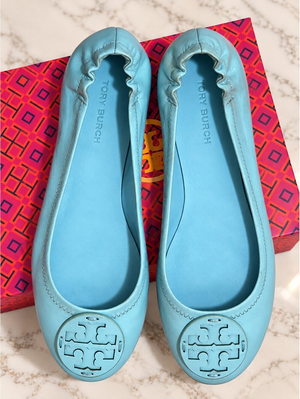 Tory Burch Blue Leather Ballet Flats with Logo Medallion